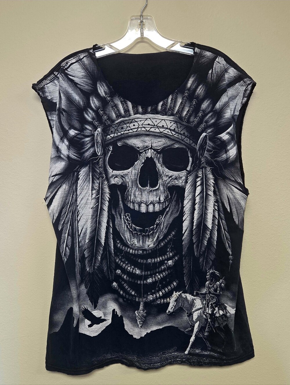 Native American Shirt Mens Large Black Muscle Cut Indian Chief Skull Headdress